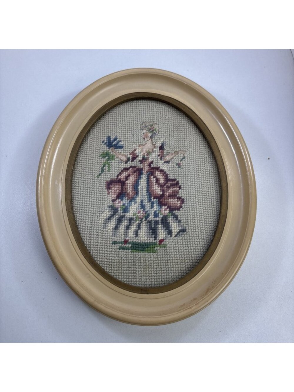 Vintage Needlepoint Oval Framed Victorian Woman Lady in Dresses Embroidery